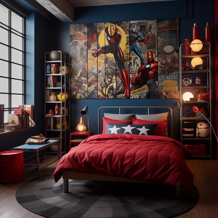 a bedroom decorated in red, white and blue with an iron man painting on the wall