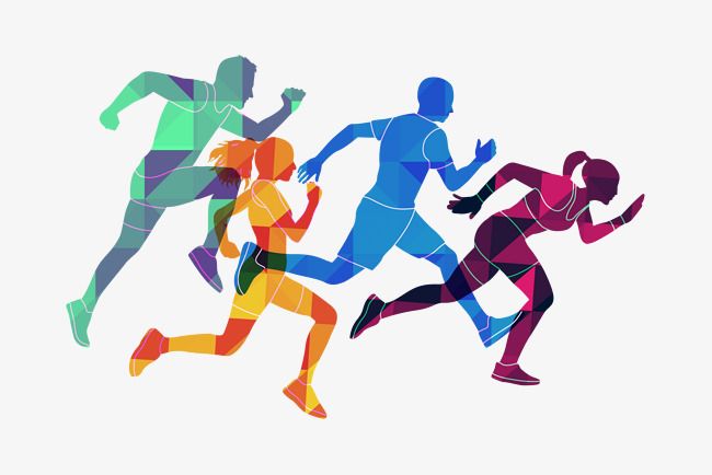 three people running in different colors on a white background