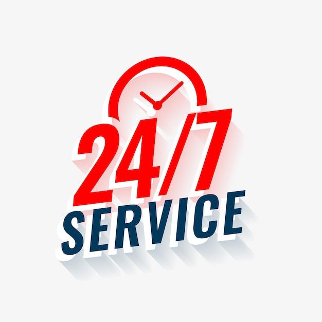 the words 24 / 7 service are shown in red, white and blue with a clock