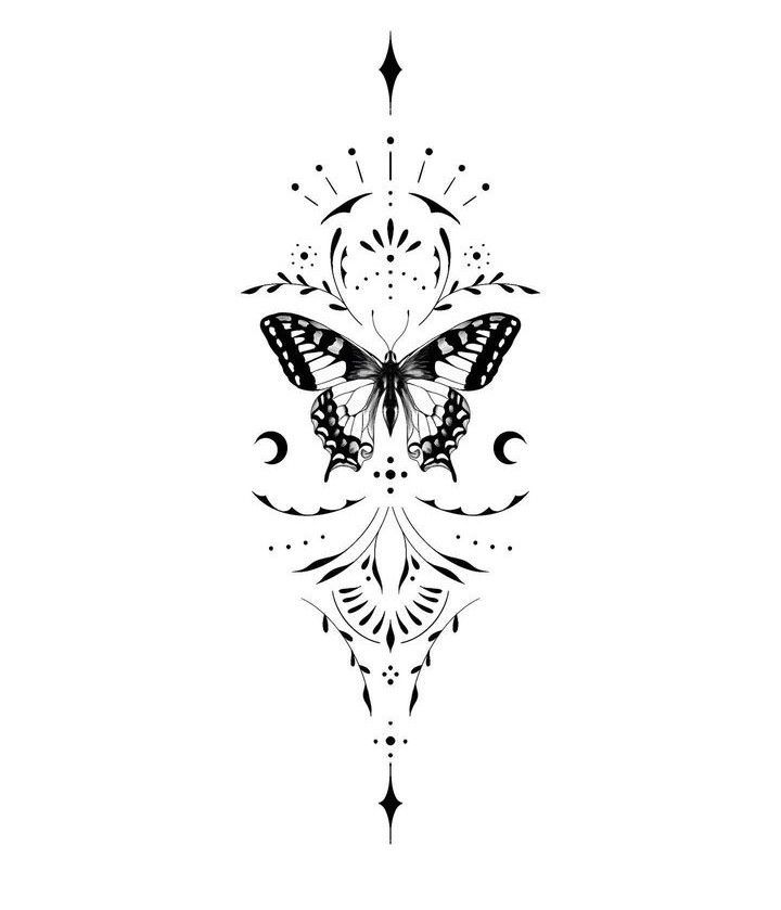 a black and white drawing of a butterfly with intricate designs on it's wings