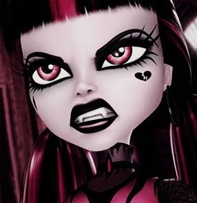 a close up of a cartoon character with red eyes and black hair wearing gothic makeup