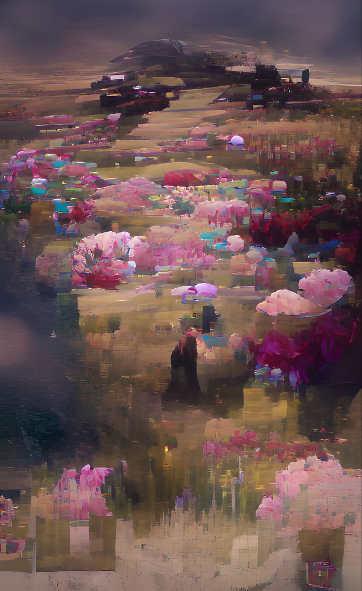 an abstract landscape with pink flowers in the foreground