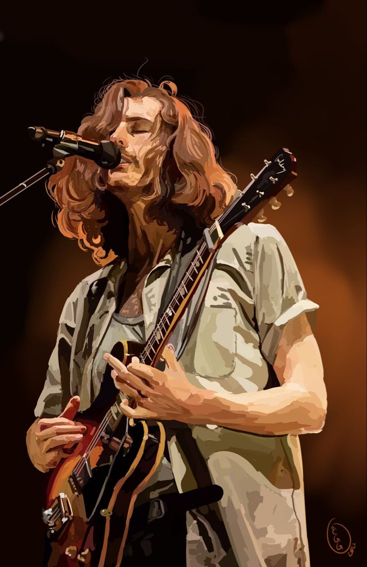 a painting of a man playing an electric guitar and singing into a microphone on stage