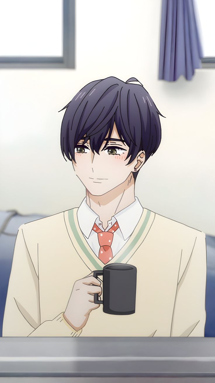 an anime character holding a coffee cup in his hand and looking at the camera while standing next to him