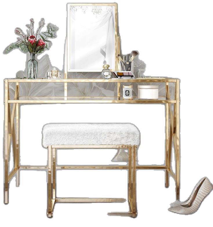 a dressing table with a mirror, stool and flowers on it in front of a white background