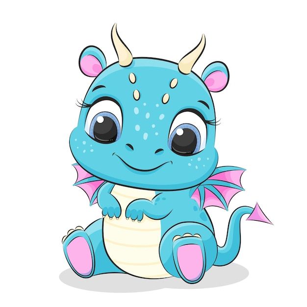 a cartoon blue dragon sitting on the ground with big eyes and pink wings, smiling