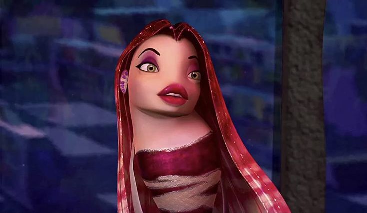 the animated character is dressed in red and white with her head turned to look like she's looking at something