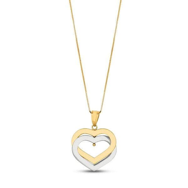 This beautiful 14K yellow gold necklace features two interlocking hearts, one styled in cool 14K white gold for an eye-catching contrast. The pendant sways from an 18-inch box chain that secures with a spring ring clasp. Valentine's Day Double Heart Yellow Gold Locket Necklace, Yellow Gold Heart Pendant Jewelry With Box Chain, Elegant Heart-shaped Yellow Gold Locket Necklace, Valentine's Day Yellow Gold Heart Pendant Diamond Necklace, Gold-tone Heart Pendant Necklace With Adjustable Chain, Double Heart Necklace, Interlocking Hearts, 14k Yellow Gold Necklace, Kay Jewelers