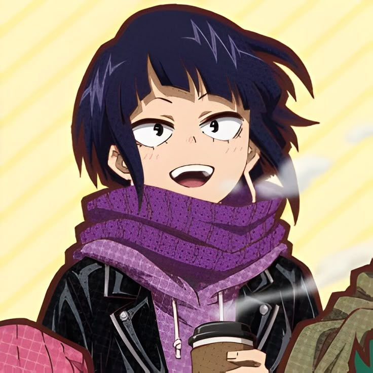 an anime character holding a coffee cup and wearing a scarf