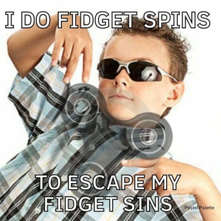 a young boy wearing sunglasses and holding his arm up in front of him with the words, i do fidget spins to escape my fidget suns