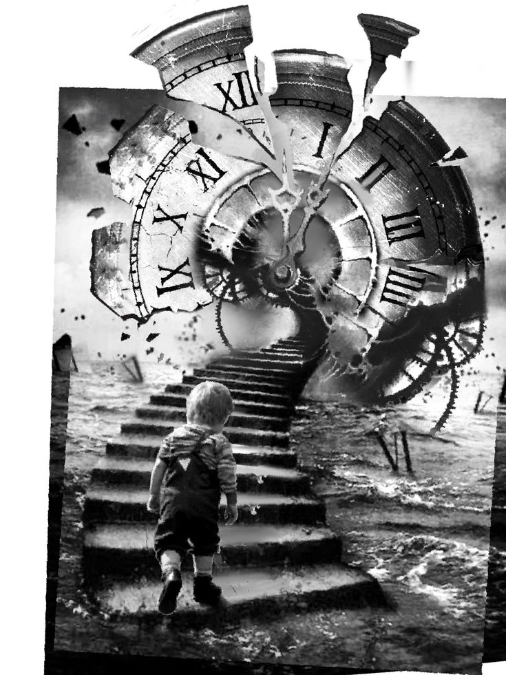 a child is standing on some steps in front of a clock