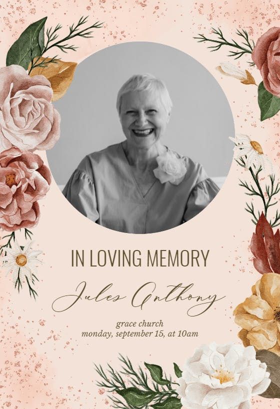 an elderly woman with flowers in front of her and the words, in loving memory