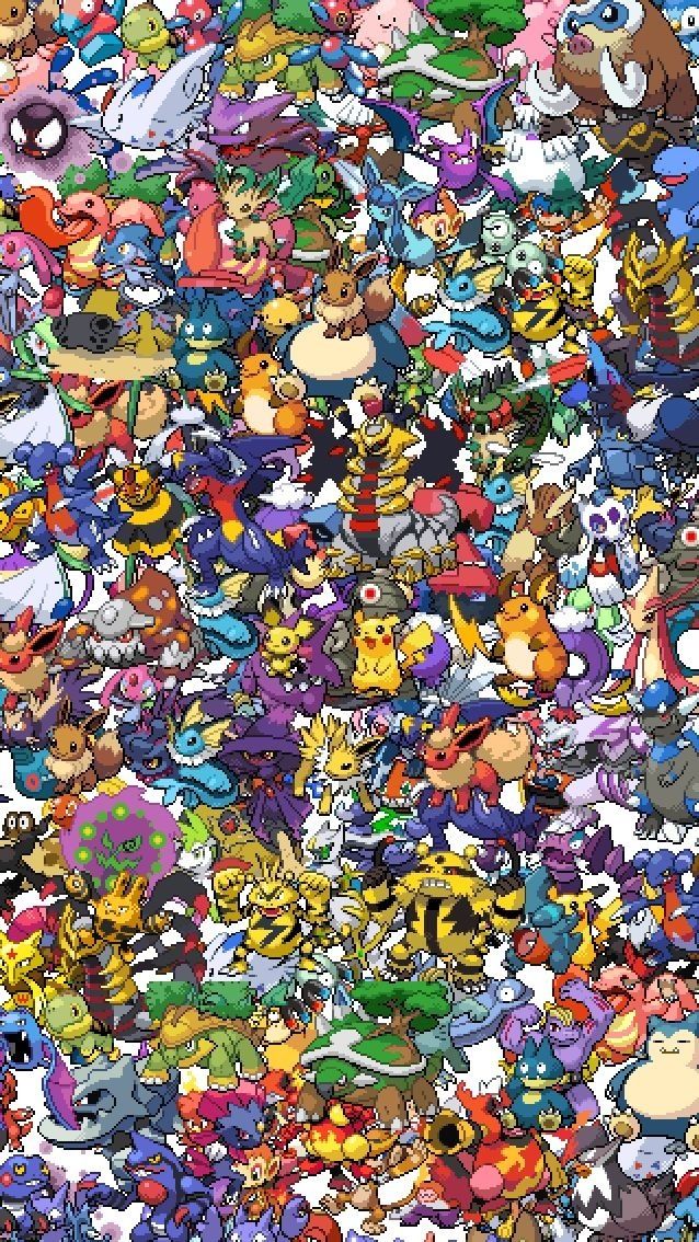 a large group of cartoon characters all together in the same photo, with different colors and sizes