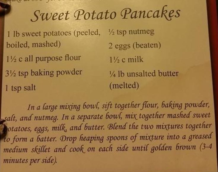 a recipe for sweet potato pancakes on a piece of parchment paper with writing underneath it