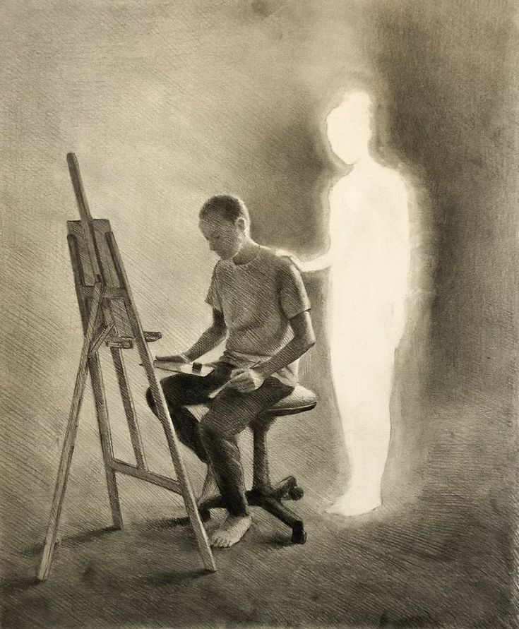 a drawing of a man sitting in front of an easel