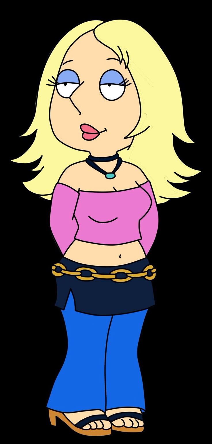 a cartoon girl with blonde hair wearing blue pants and a pink shirt is standing in front of a black background