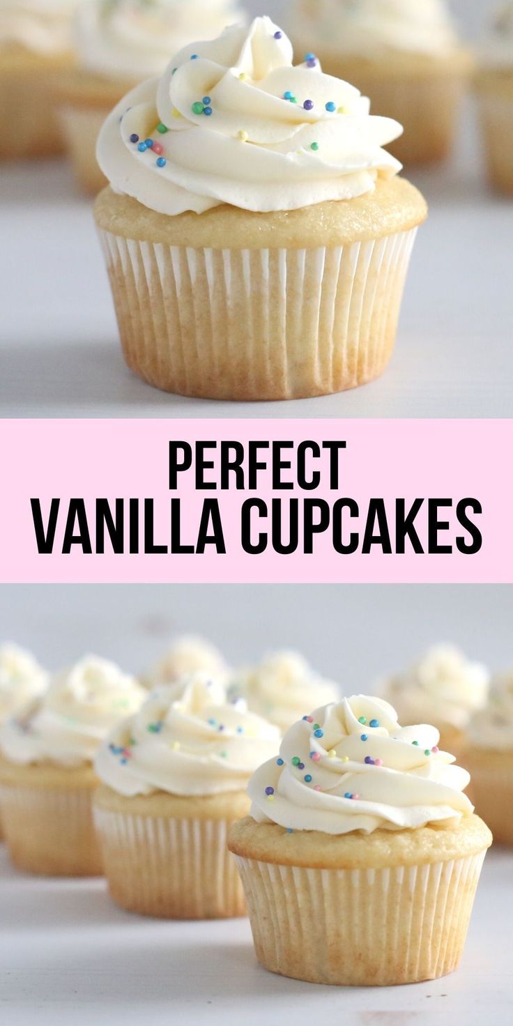 vanilla cupcakes with white frosting and sprinkles on the top