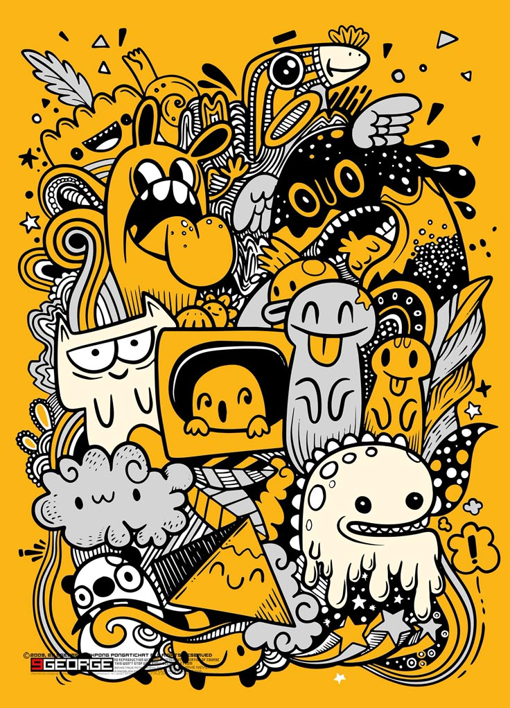 an image of cartoon characters in the style of doodles on a yellow background