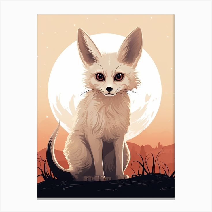 a white fox sitting in front of a full moon