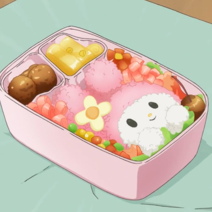 a pink lunch box filled with lots of food