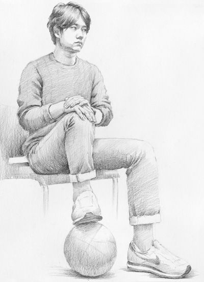 a pencil drawing of a person sitting on a bench next to a ball and shoes