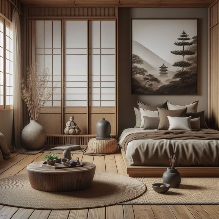 Zen Bedroom Zen Japanese Bedroom, Japan Bedroom Aesthetic, Zen Garden Bedroom, Zen Interior Design Bedroom, Yoga Apartment, Japan Style Bedroom, Japan Bedroom Design, Zen Bedroom Ideas Serenity, Japanese Decor Bedroom