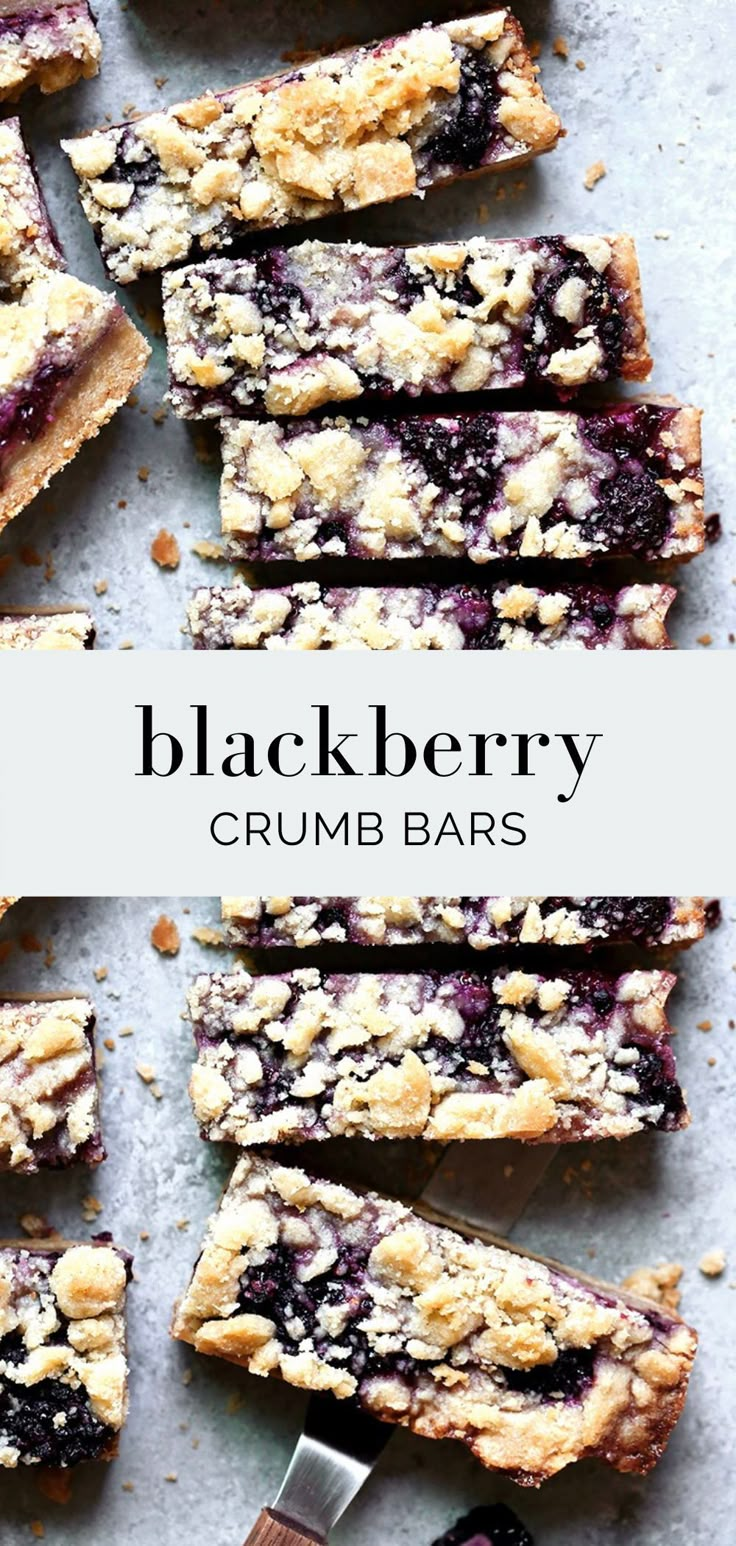 blueberry crumb bars are cut into squares and stacked on top of each other