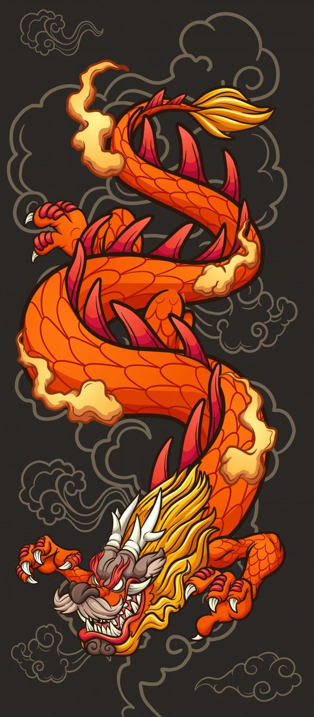 an orange and red dragon on a black background with clouds in the sky behind it