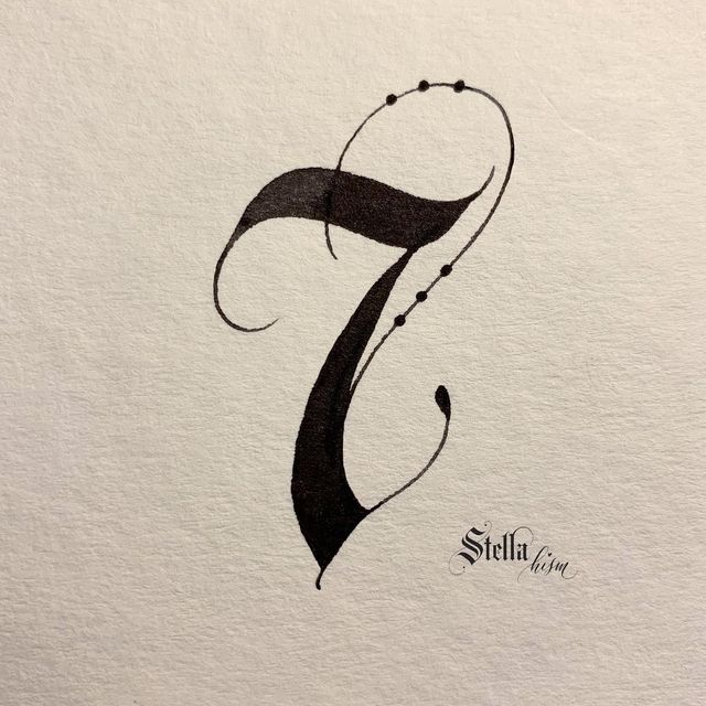 the number seven is drawn in black ink on white paper with an artistic twist to it