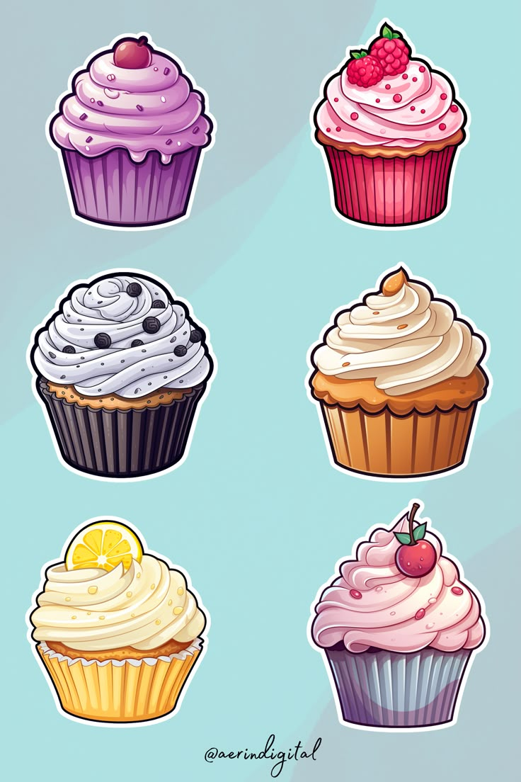 six cupcakes with different toppings on them