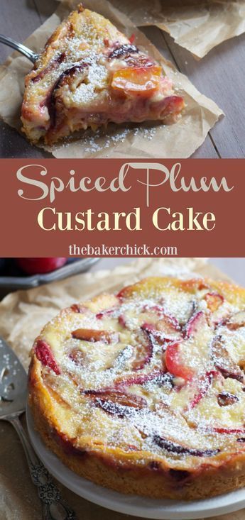 a cake on a plate with the words spiced plum custard cake