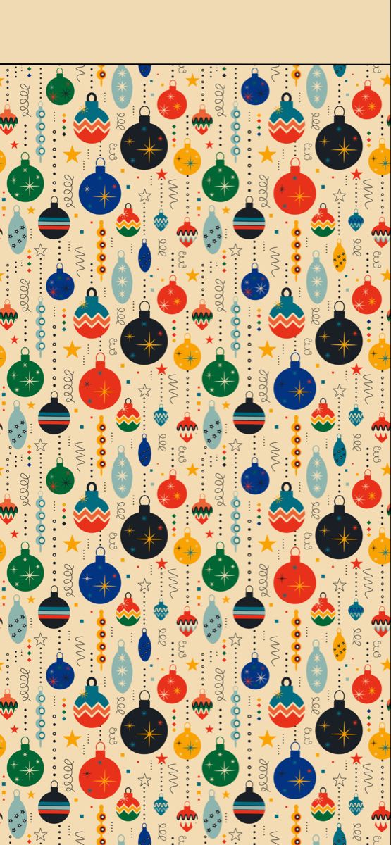 a colorful christmas pattern with ornaments and stars on the bottom, in red, green, blue