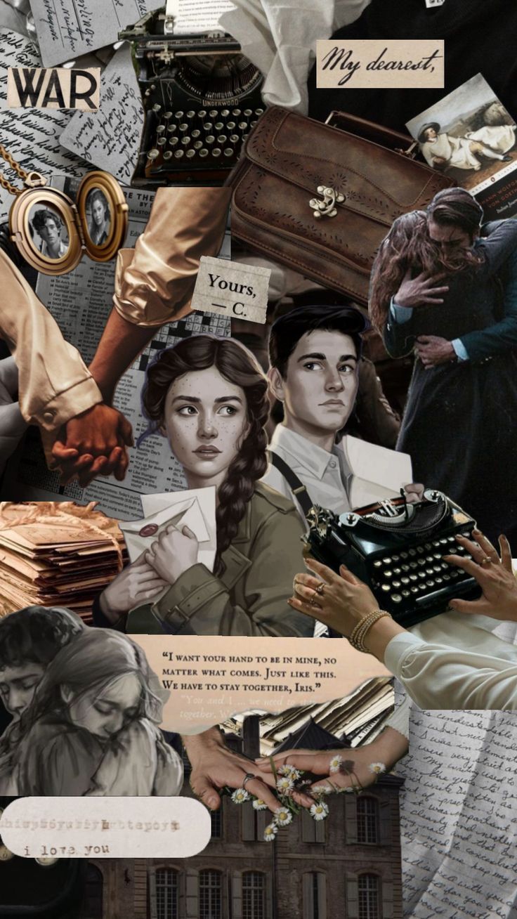 collage of people and objects with words written on them, including an old typewriter