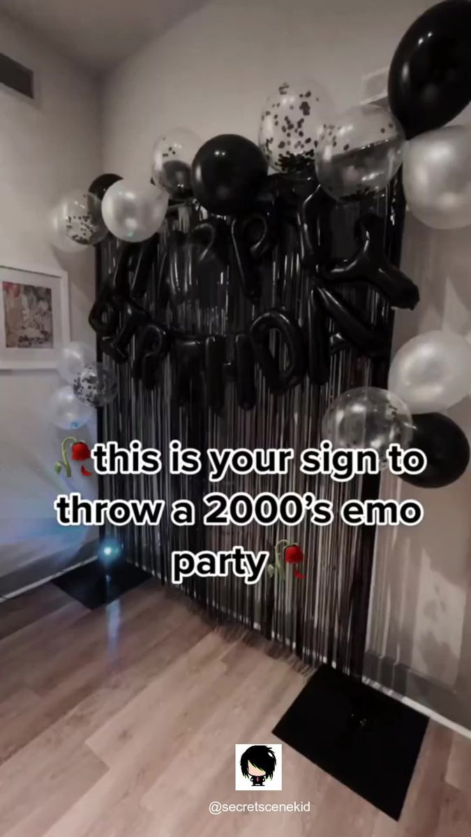 balloons and streamers are hanging from the ceiling in front of a party sign that says, this is your sign to throw a 200's amo