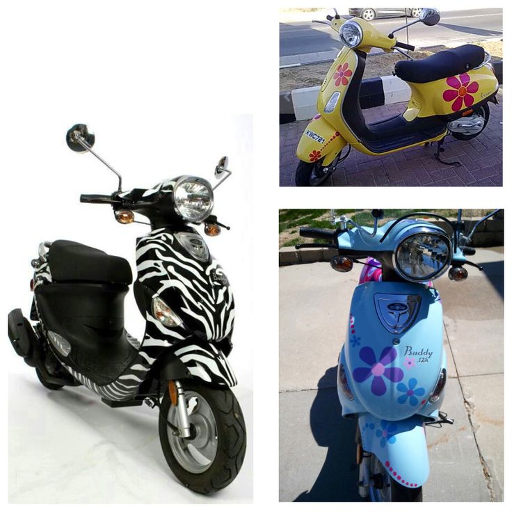 three pictures of different scooters with designs on them