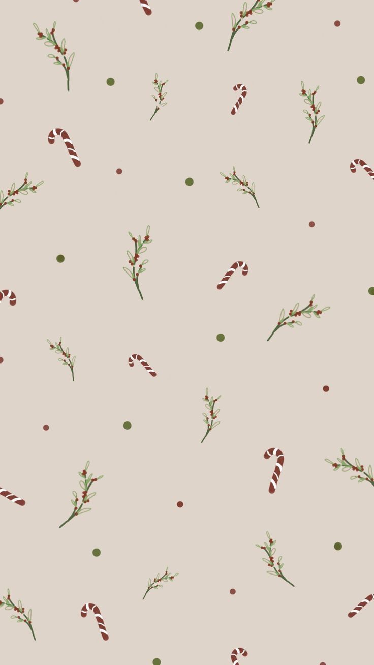 a christmas pattern with candy canes, holly and peppermints on a beige background