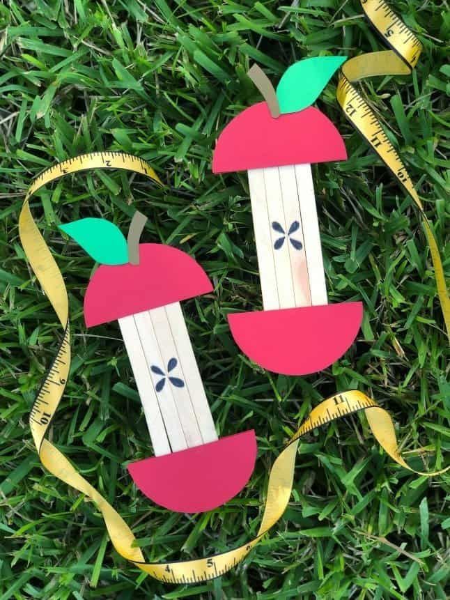 two apples made out of wooden sticks and tape on the grass with measuring tape around them