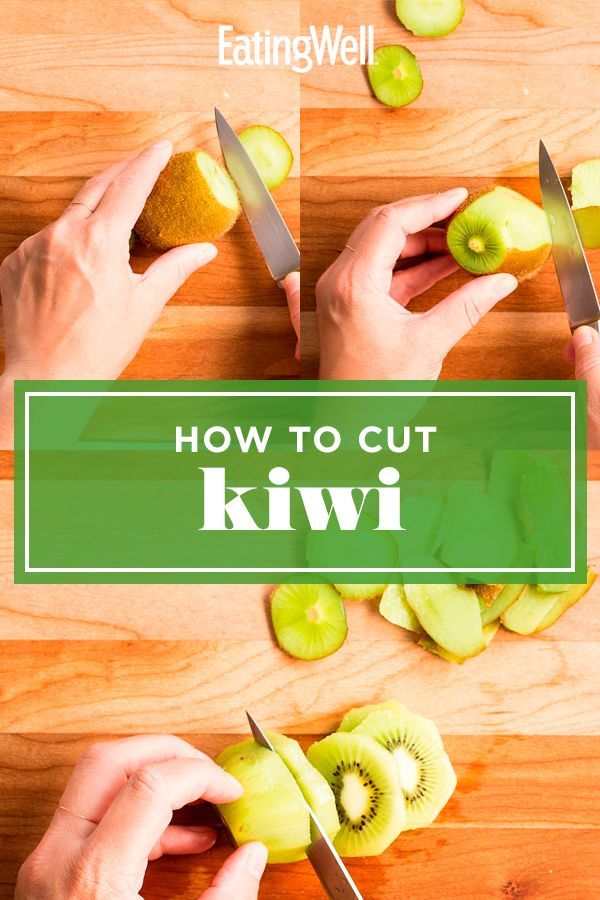 someone cutting kiwi on a wooden table with knifes