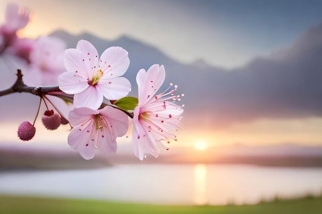 pink flowers are blooming on the branch of a tree in front of a body of water