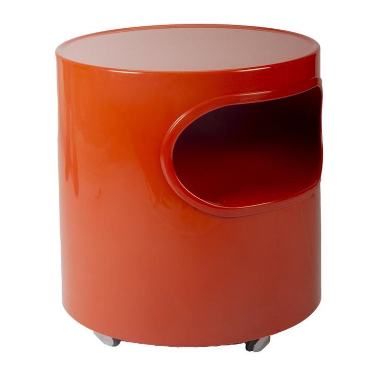 an orange round side table with wheels on the bottom and one section open to show it's inner compartment