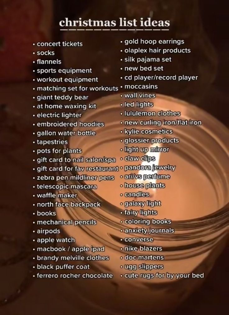 a christmas list is shown with the words on it and an image of a bowl full of candles