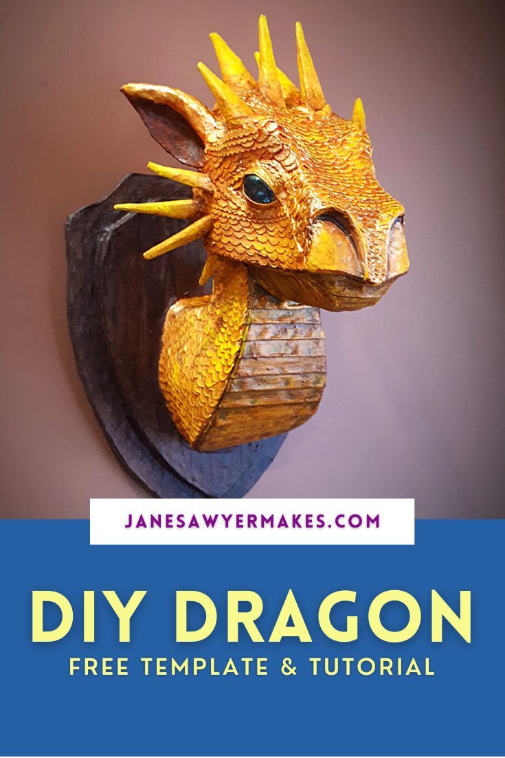 A photo of a yellow paper maché dragon head. janesawyermake.com DIY Dragon Free Template and Tutorial Faux Taxidermy Diy, Taxidermy Diy, Paper Dragon Puppet Ideas, Paper Dragon Puppet, Dragon Puppet Ideas, Armadura Cosplay, Make A Dragon, Foam Carving, Felt Dragon