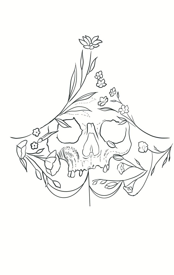 a drawing of a skull with flowers on it