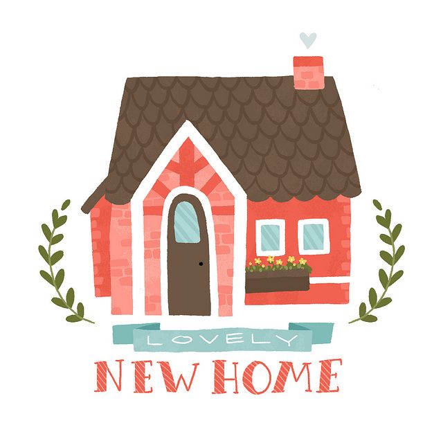 a red house with the words lovely new home