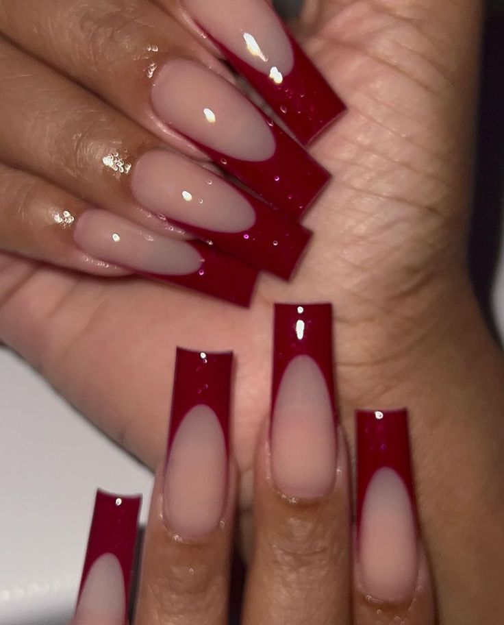 Red Nail Square Designs, Long Acrylic Nail Designs Coffin Simple, Red Gel X Nails Coffin, Different Shaped French Tips, Red French Tip Nails With Heart Design, Deep Red Square Acrylic Nails, Red Burgundy Nails Acrylic, Red French Tip Almond Nails Long, Dark Crimson Nails