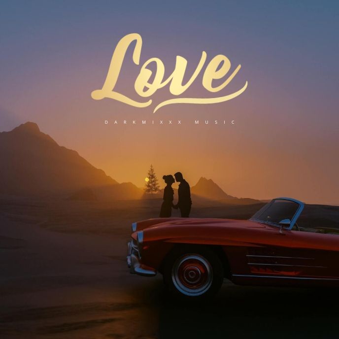 two people standing in front of a red car with the word love written on it