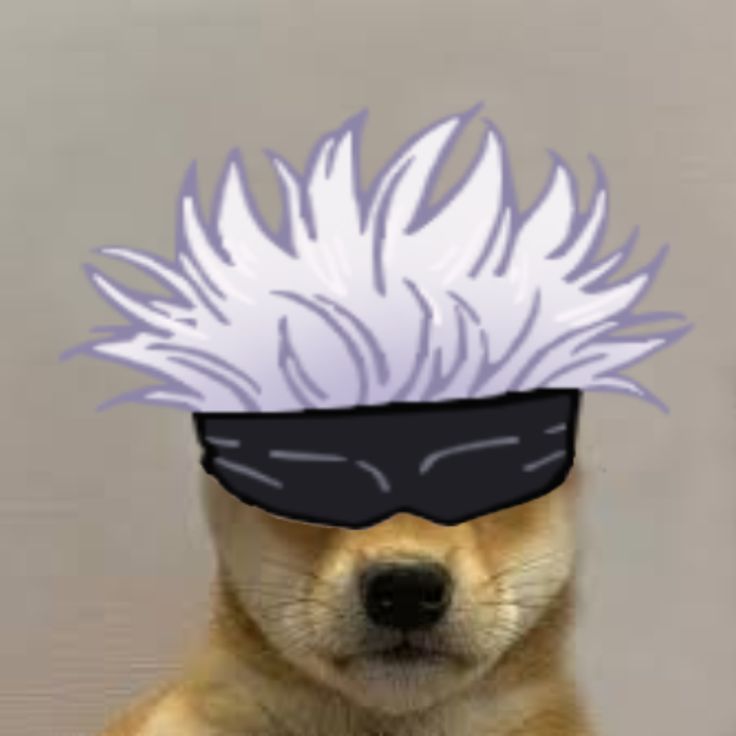 a dog wearing a mask with white hair on it's head and black eyes