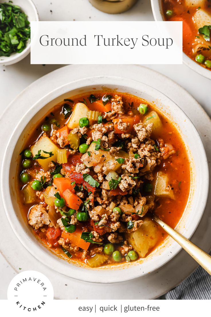 a white bowl filled with ground turkey soup