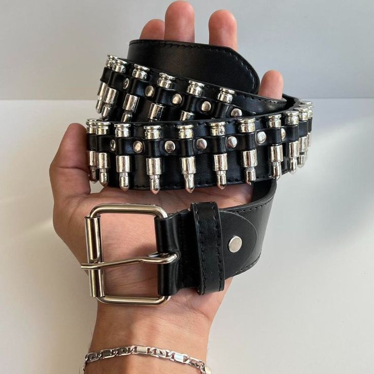 Y2k 2000s Bullet Studded Black Belt These Belts Are Unisex :)! Beautiful Design 1.5 W X 43l Brand New Chunky Belts Y2k, Emo Accessories 2000s, Stacked Belts, 2000 Emo Fashion, Bone Belt, Bb Belts, Cute Belts, Cool Belts, European Gothic