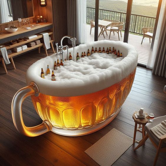 a large tub filled with lots of beer sitting on top of a wooden floor